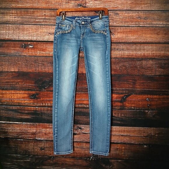 Sexy Couture Jeans Size 7 Low Rise Skinny Embellished Distressed Blue Denim - Picture 2 of 12
